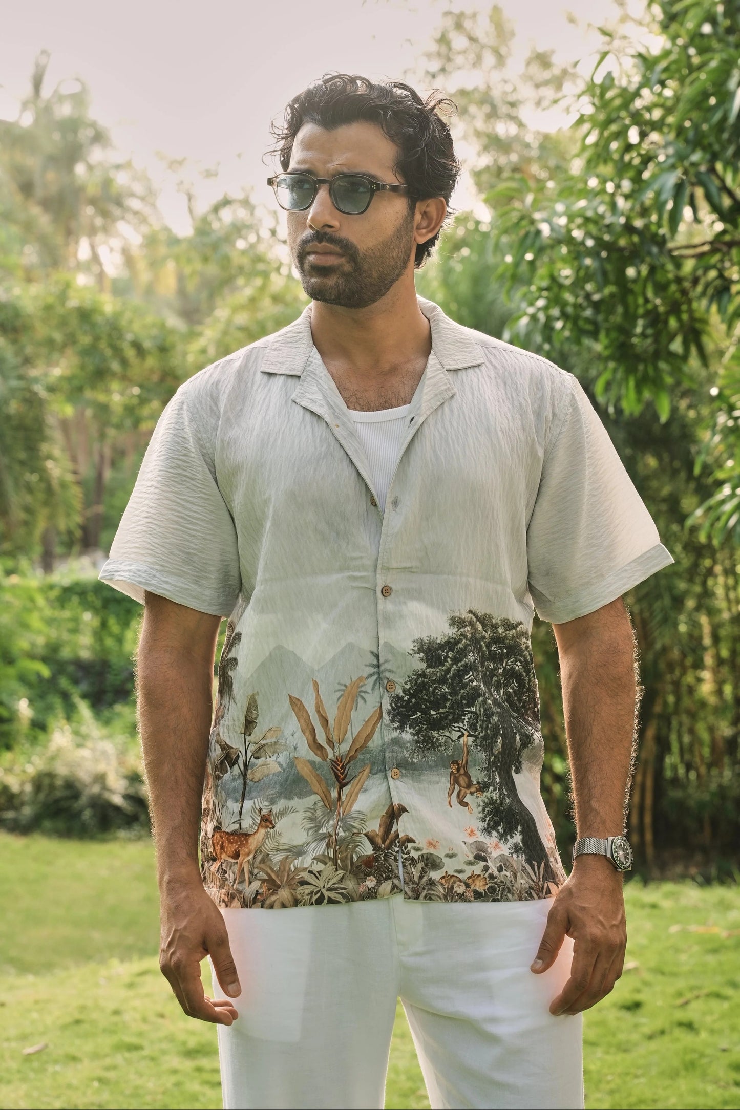 Lenzy Men's Premium Nature Landscape Print Half Sleeve Cuban Collar Resort Shirt, Luxury Tropical Casual Shirt, Summer Vacation Beach Shirt, Designer Botanical Printed Shirt, Lightweight Fashion Shirt for Men