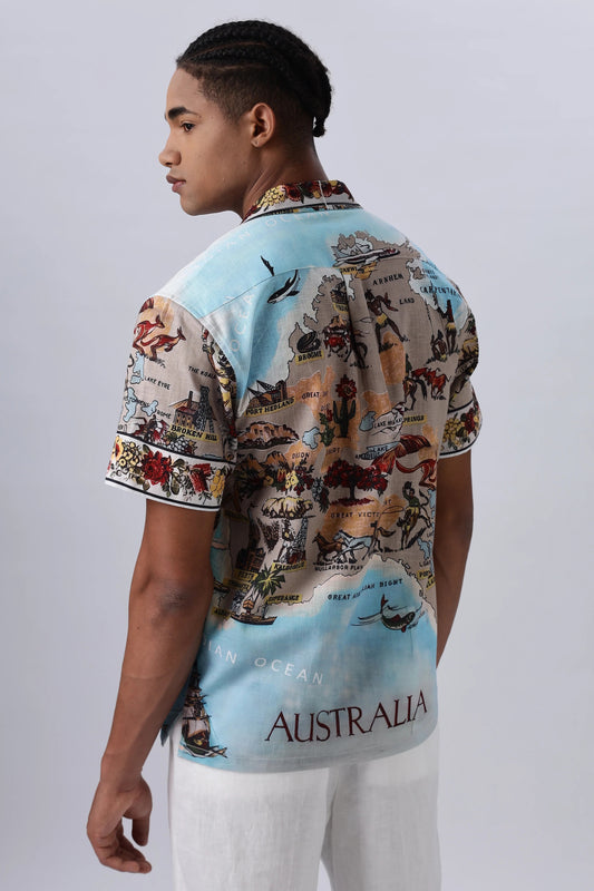 Lenzy Men's Premium Tropical Floral Print Half Sleeve Cuban Collar Resort Shirt, Luxury Vacation Beach Shirt, Designer Coastal Map Print Casual Summer Shirt for Men