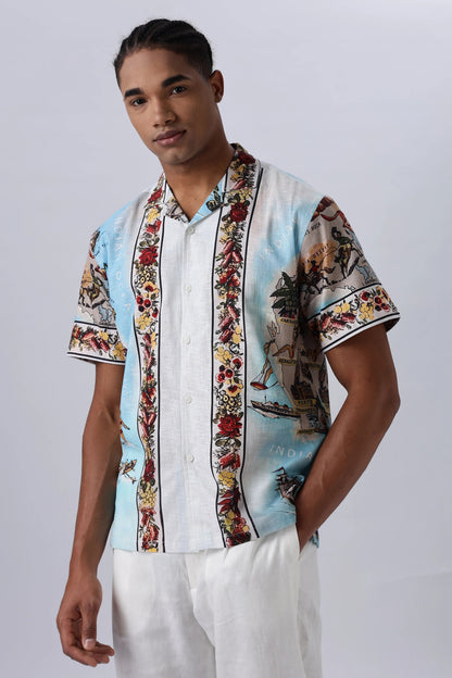 Lenzy Men's Premium Tropical Floral Print Half Sleeve Cuban Collar Resort Shirt, Luxury Vacation Beach Shirt, Designer Coastal Map Print Casual Summer Shirt for Men