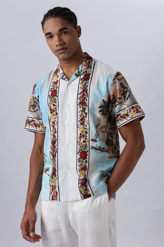 Lenzy Men's Premium Tropical Floral Print Half Sleeve Cuban Collar Resort Shirt, Luxury Vacation Beach Shirt, Designer Coastal Map Print Casual Summer Shirt for Men