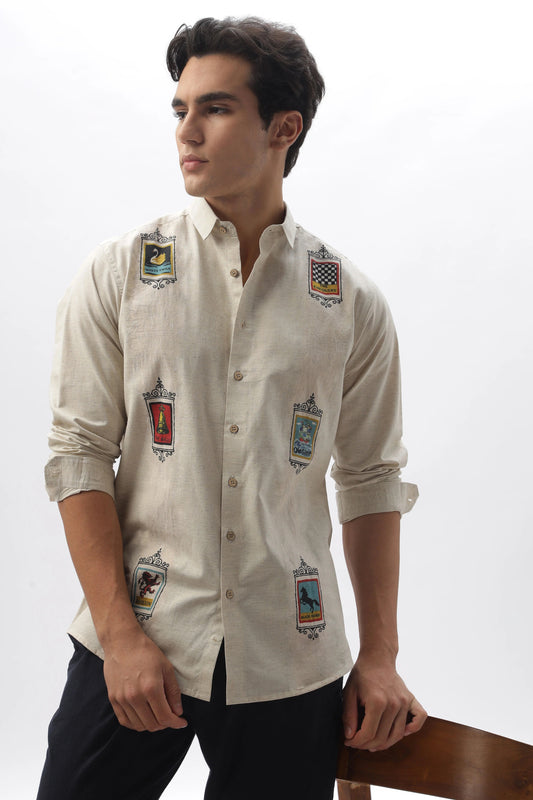 Lenzy Men's Premium Minimal Graphic Print Full Sleeve Cotton Linen Shirt, Luxury Casual Smart Shirt, Designer Embroidered Badge Shirt, Classic Everyday Fashion Shirt for Men