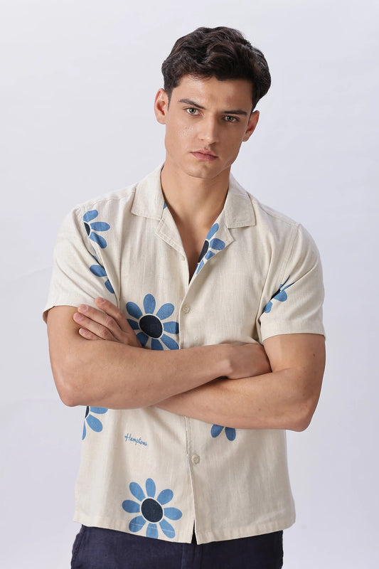 Lenzy Men's Premium Floral Print Half Sleeve Cuban Collar Resort Shirt, Luxury Summer Casual Beach Shirt, Designer Botanical Printed Shirt, Lightweight Vacation Fashion Shirt for Men